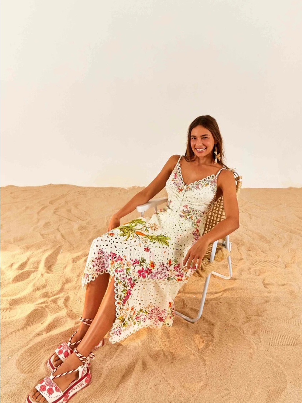 FARM Rio White Floral Eyelet Midi Scarf Dress with Spaghetti Straps. Med.NWOT - Picture 4 of 11